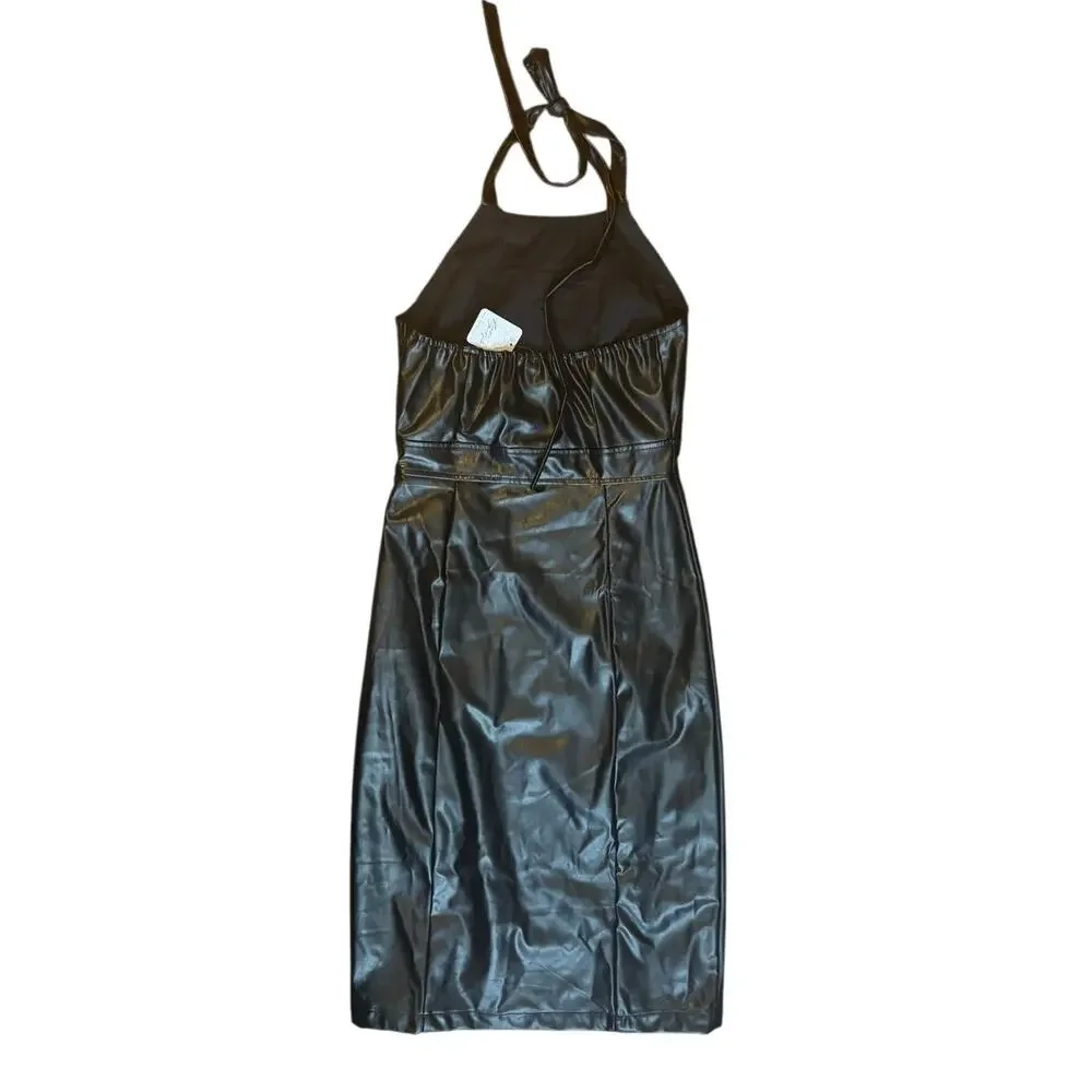 NWT Free People Lost + Wander Onyx Midi Dress Vegan Leather Moto Black Goth